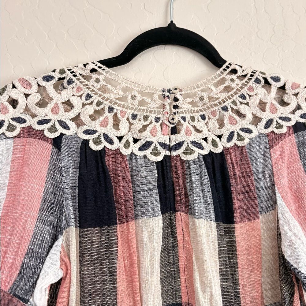 Anthropologie Plaid Boho Crochet Embroidered Swing Blouse Cottage Prairie XS - Picture 8 of 10